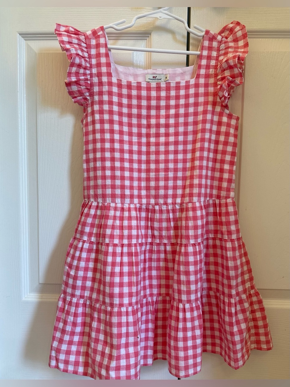 EUC Vineyard Vines Pink Gingham Tiered Dress girls size medium 8/10